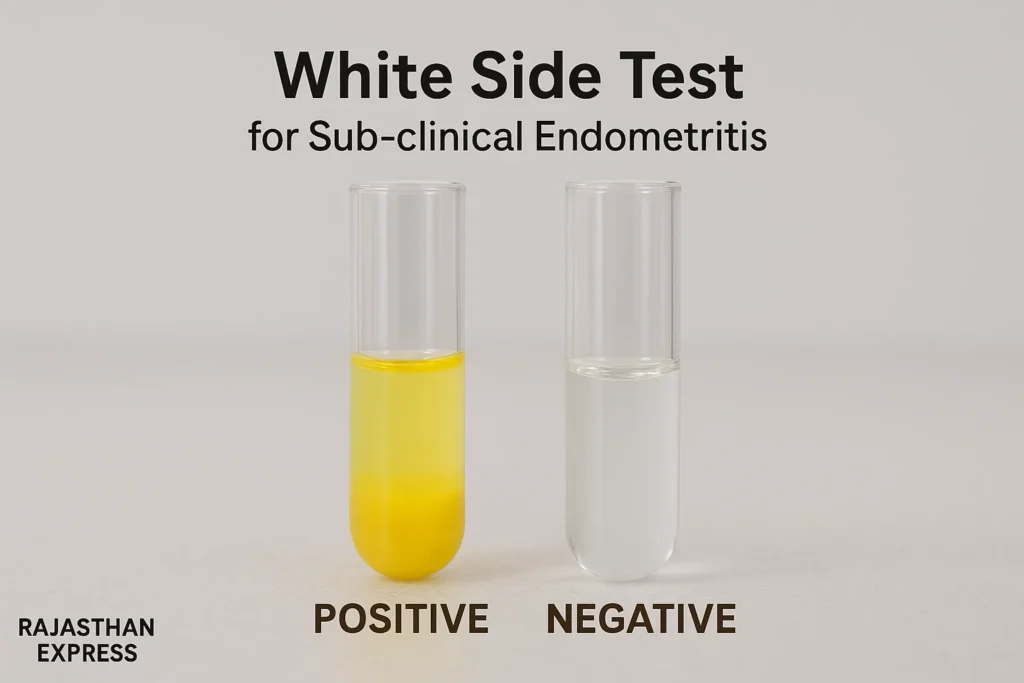 Clinical image of the White Side Test procedure, used for simple and rapid sub-clinical endometritis diagnosis in cattle. THE RAJASTHAN EXPRESS.