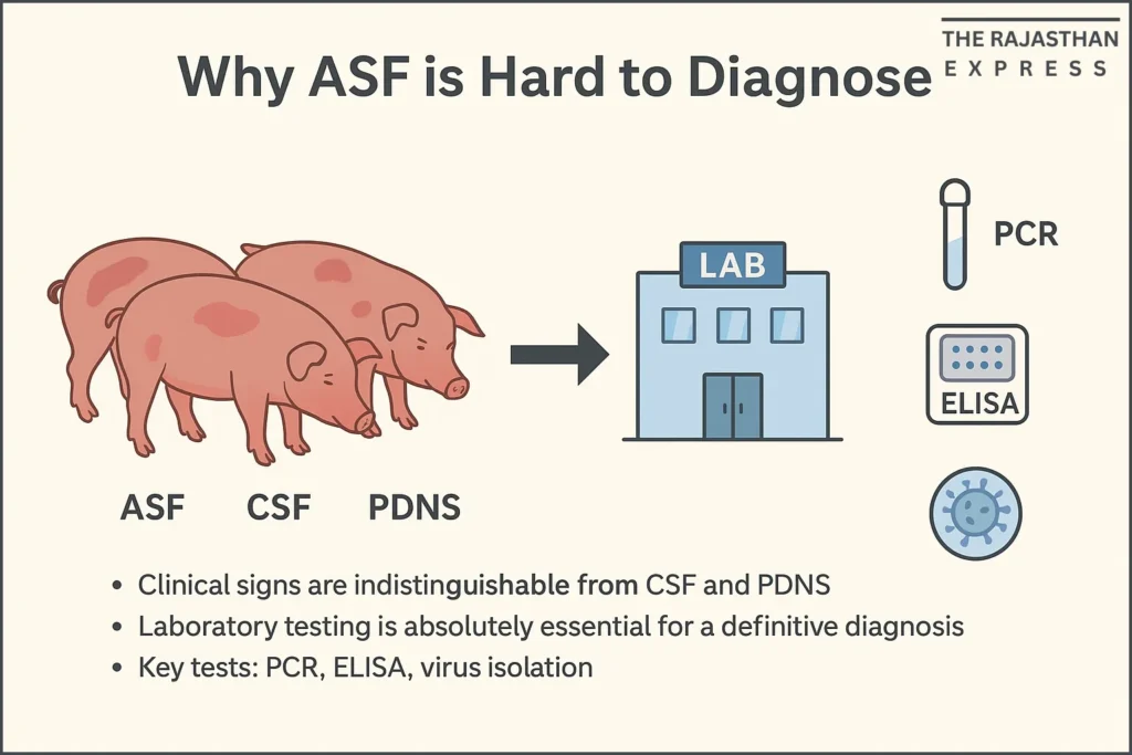 Flowchart guiding the response to suspected African Swine Fever cases, from recognizing symptoms to differential diagnosis and mandatory laboratory testing.