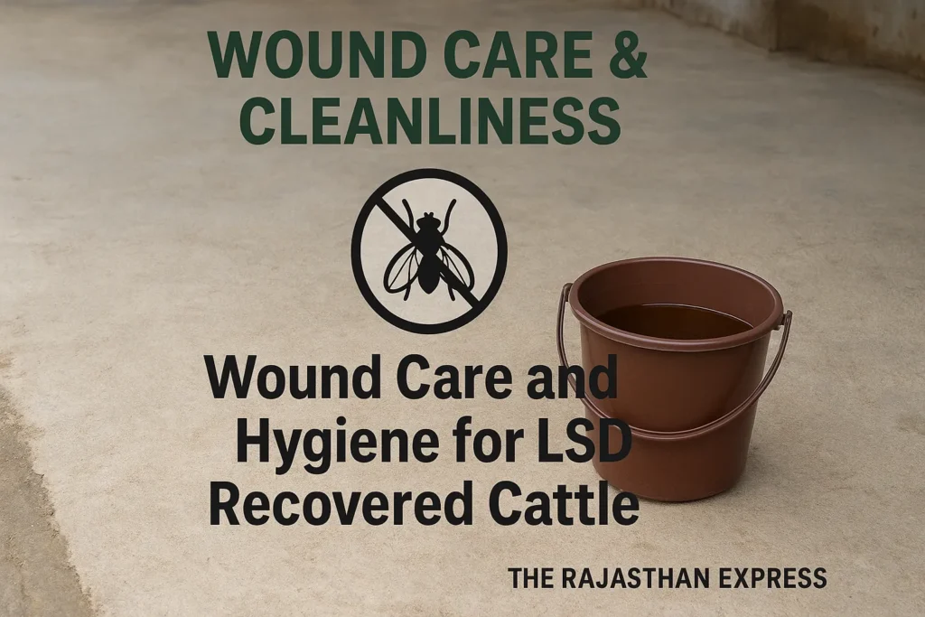 Image illustrating proper wound care and hygiene for LSD recovered cattle, emphasizing a clean, dry environment and antiseptic treatment.