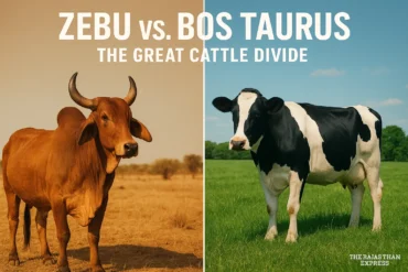Photo comparing a humped Zebu (Bos Indicus) with a large dewlap and a humpless Holstein (Bos Taurus) to highlight differences in size and heat-adapted features.