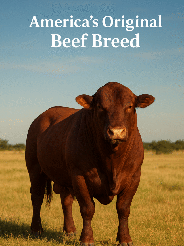 Majestic dark red Santa Gertrudis bull standing in a sunny Texas pasture at King Ranch.