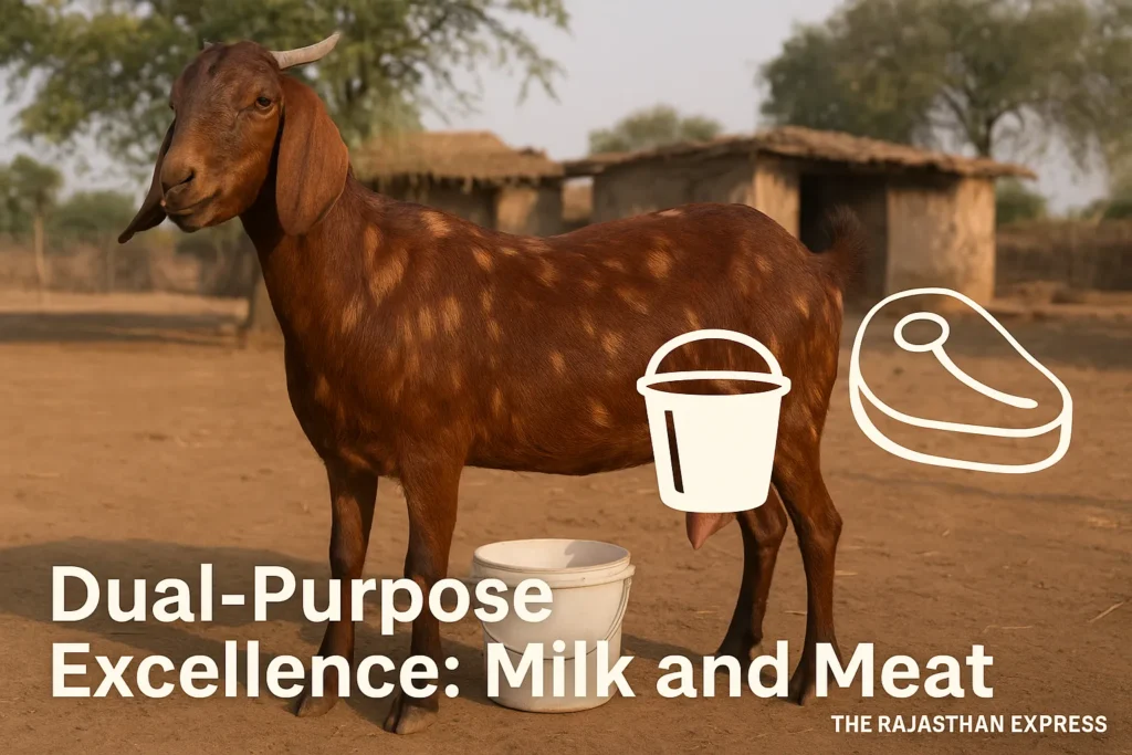 A healthy Sirohi goat doe on a rural Indian farm with a full udder, being milked. The image is overlaid with icons of a milk pail and a stylized meat cut, emphasizing its dual-purpose nature.
