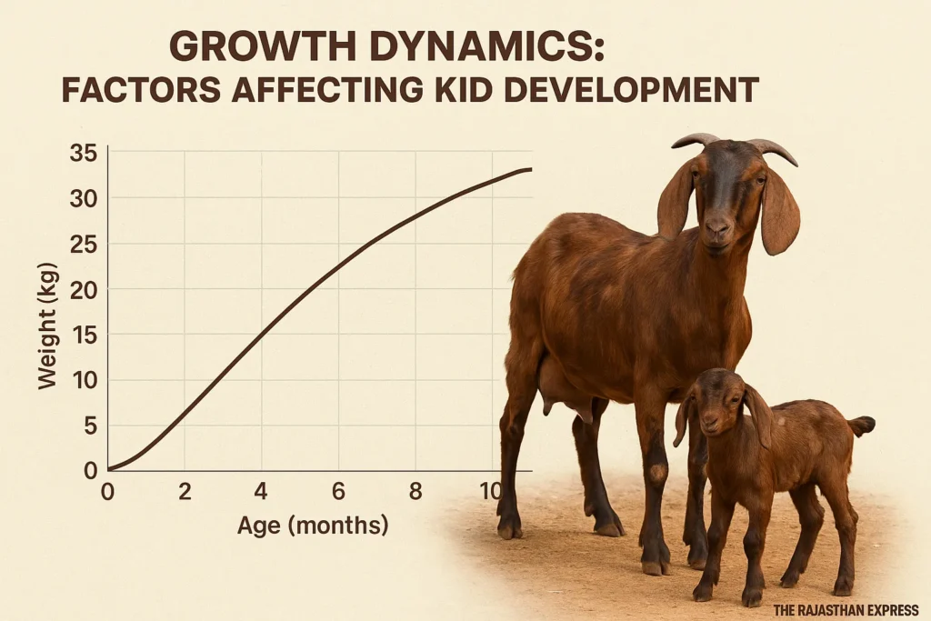 Graphic displaying a line chart that illustrates the growth curve and weight gain of Sirohi goat kids over a 12-month period. A photo of a healthy Sirohi doe and her kid is shown, symbolizing successful breeding.