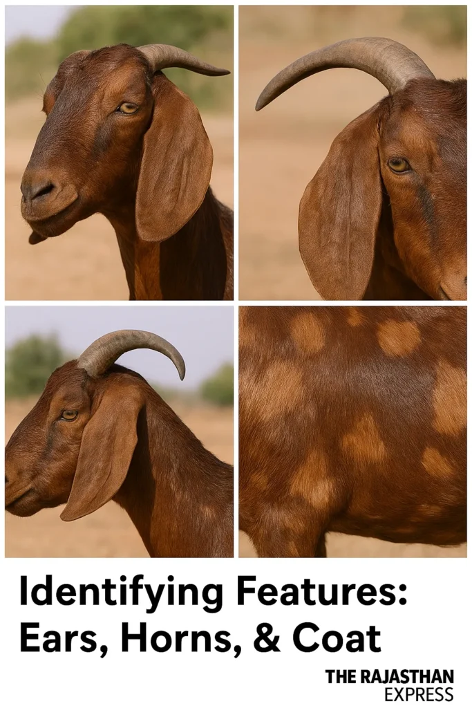 Collage of four close-up photos detailing the Sirohi goat's features: 1. Straight/Roman nose profile. 2. Leaf-shaped, medium-length drooping ear. 3. Upward and backward curving horns. 4. Section of the coat showing the brown color with darker patches.