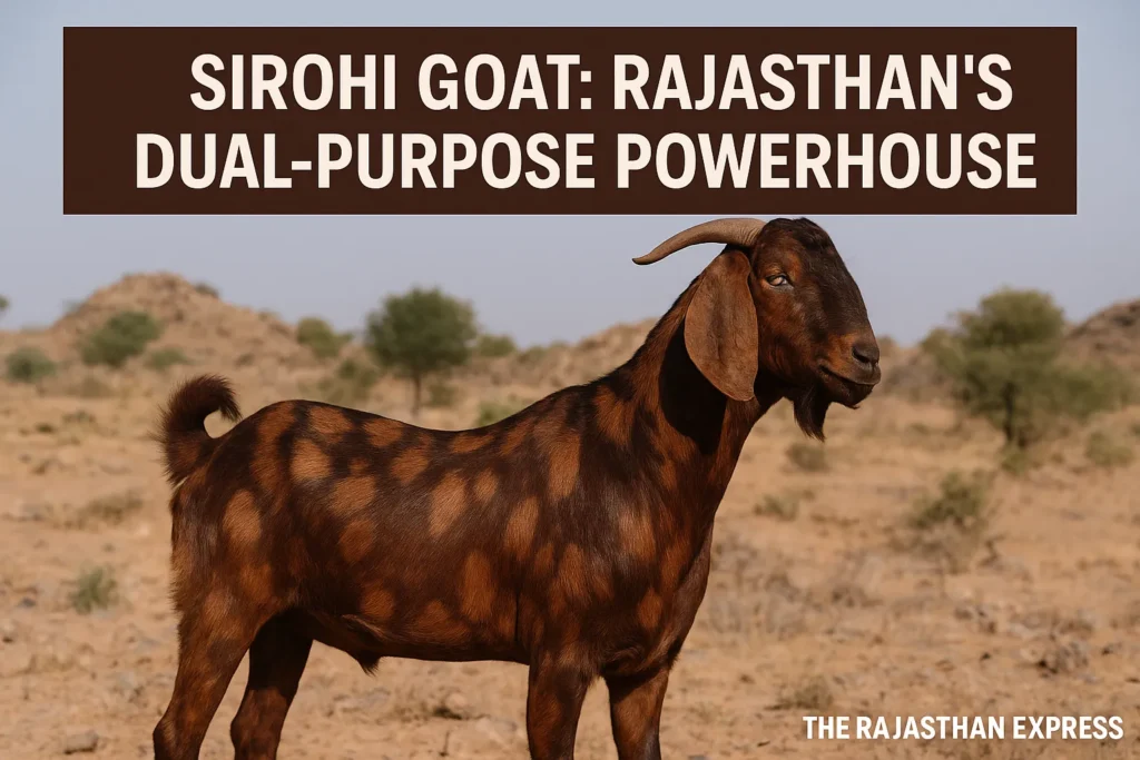 Majestic Sirohi goat (buck or doe) with a brown body and darker patches, standing in a rocky, sparse Rajasthani landscape. The goat has a strong build, alert leaf-shaped drooping ears, and prominent upward/backward curving horns.