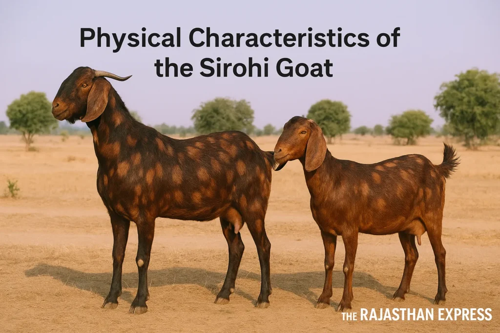 Full-body photo of two Sirohi goats (one male, one female) standing side-by-side in a dry, sandy field with sparse green trees in the background. The goats have a brown coat with darker, well-defined spots/patches, short tails, and drooping ears.