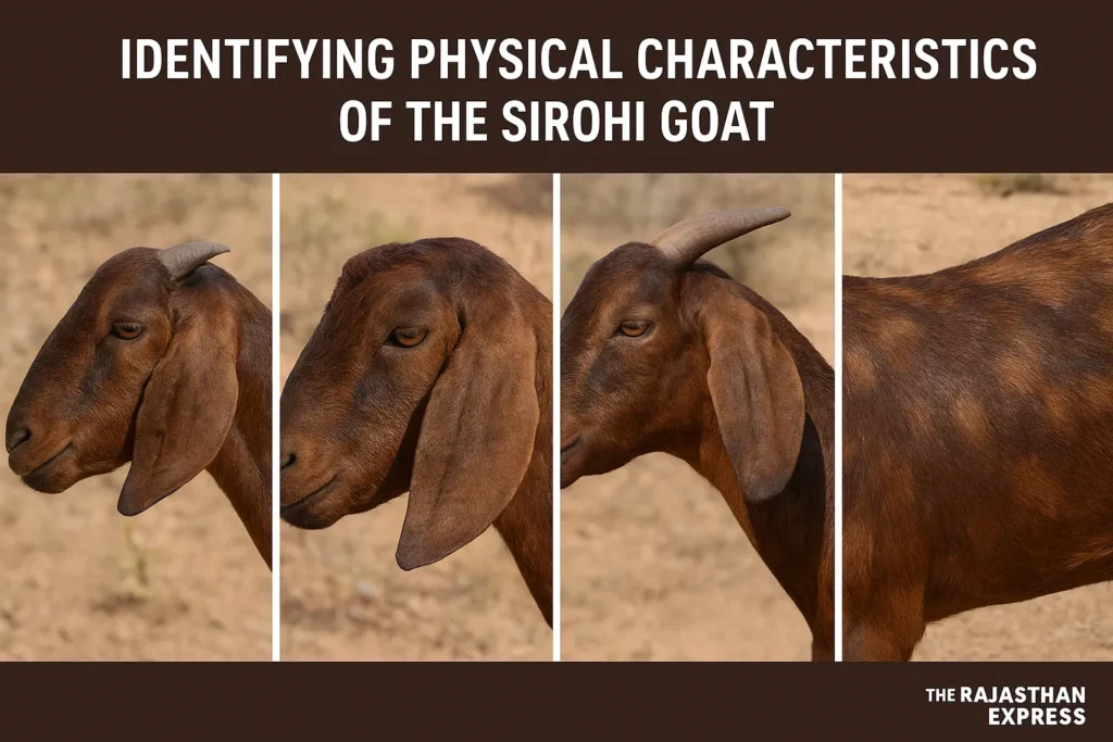 Collage of four close-up photos detailing the Sirohi goat's features: 1. Straight/Roman nose profile. 2. Leaf-shaped, medium-length drooping ear. 3. Upward and backward curving horns. 4. Section of the coat showing the brown color with darker patches.