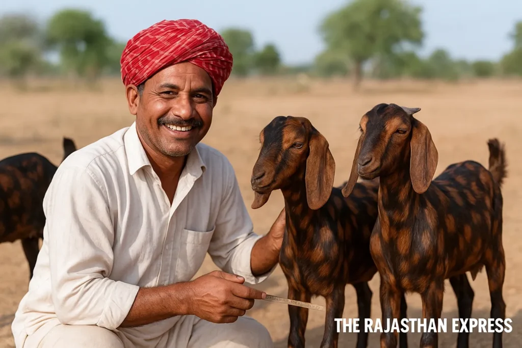 A scientist or technician at a livestock research station (LRS) measuring the body dimensions, such as height at withers or chest girth, of a Sirohi goat using a measuring tape for research and data collection.