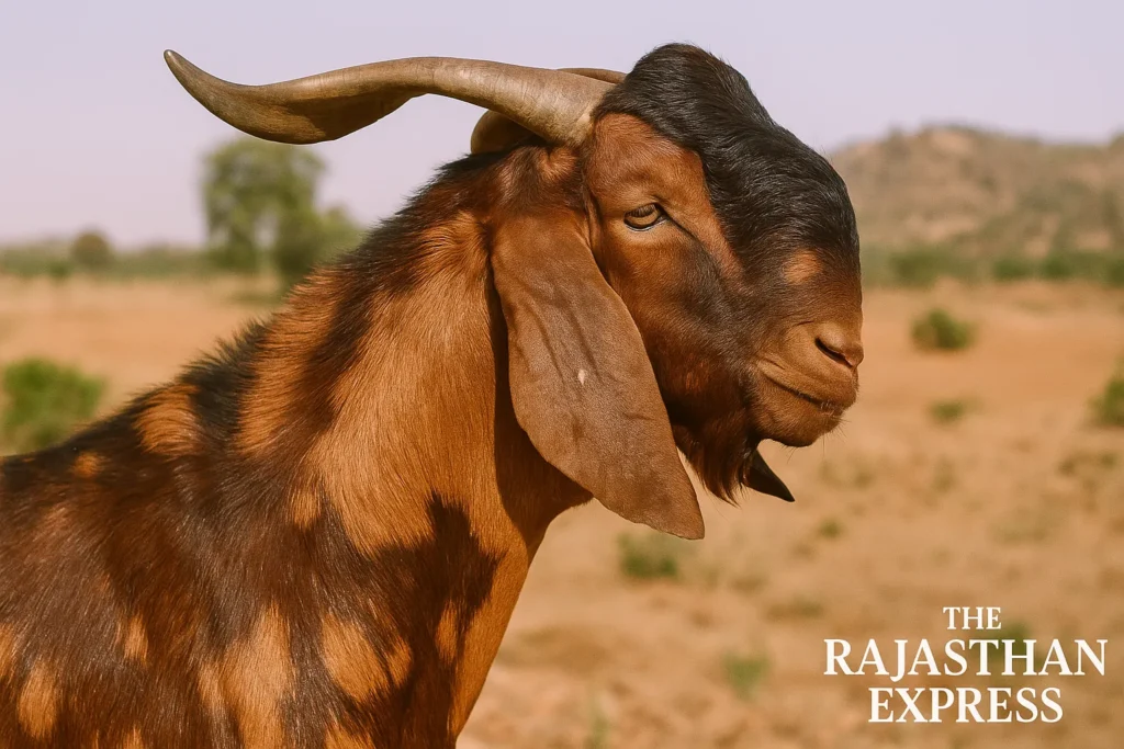 High-resolution close-up of a powerful Sirohi buck (male goat) showing its strong, muscular build, thick upward-curved horns, and characteristic brown and tan spotted coat. Essential Sirohi goat characteristics.