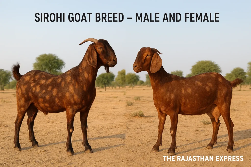 Full-body side-by-side view of a male Sirohi goat (left, slightly larger, with clear horns) and a female Sirohi goat (right) standing in a dusty, open field. Both goats are a reddish-brown color with darker spots and exhibit the breed's straight face and medium-length drooping ears.