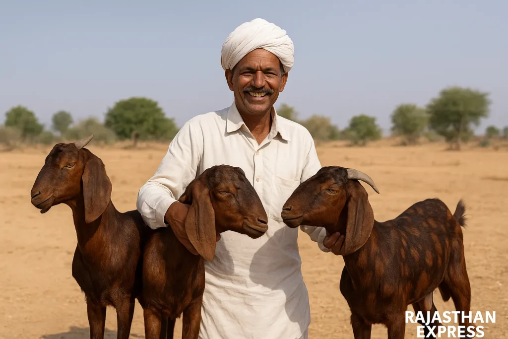A smiling Rajasthan farmer in traditional attire standing in a field and interacting with two or three healthy Sirohi goats. This image highlights the breed's economic significance as the "Poor Man's Cow" in rural India.