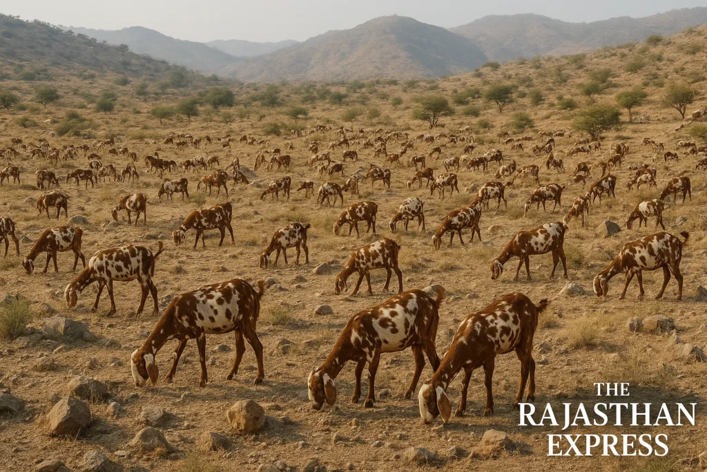 Wide shot of a large Sirohi goat flock grazing on the rocky, semi-arid terrain of the Aravalli foothills in Rajasthan. The brown-and-tan spotted goats are hardy and well-adapted to the harsh climate.