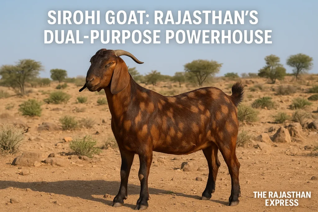 Majestic Sirohi goat (buck or doe) with a brown body and darker patches, standing in a rocky, sparse Rajasthani landscape. The goat has a strong build, alert leaf-shaped drooping ears, and prominent upward/backward curving horns.