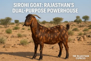 Majestic Sirohi goat (buck or doe) with a brown body and darker patches, standing in a rocky, sparse Rajasthani landscape. The goat has a strong build, alert leaf-shaped drooping ears, and prominent upward/backward curving horns.