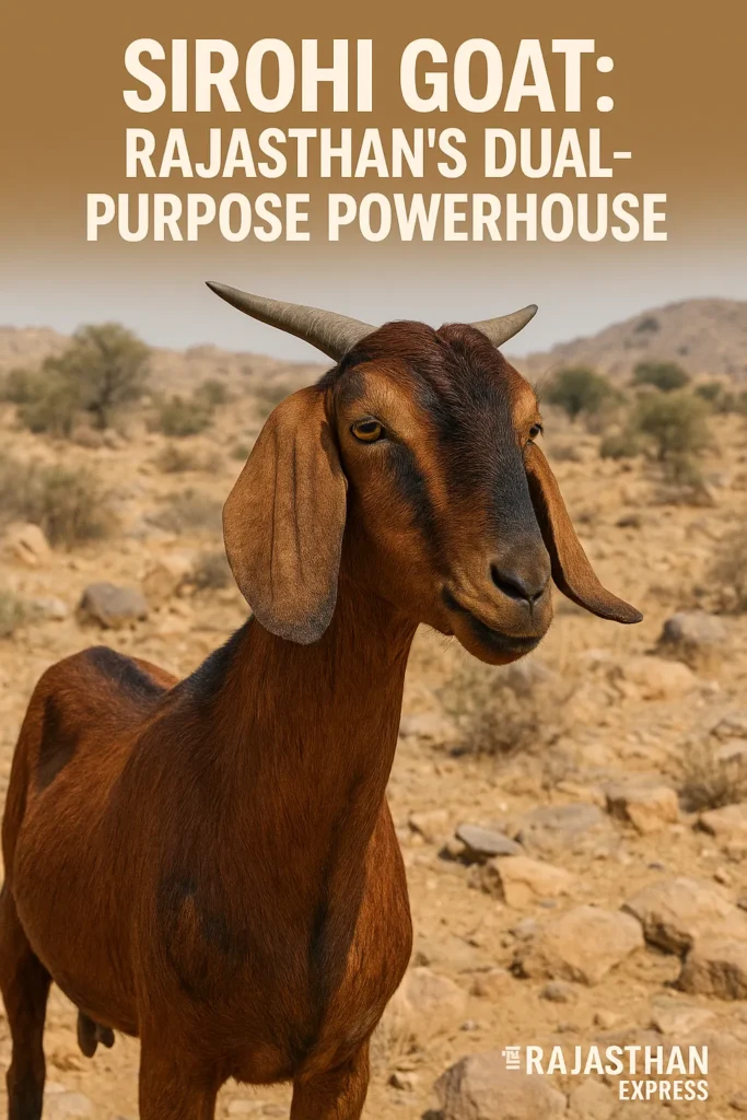 Majestic Sirohi goat (buck or doe) with a brown body and darker patches, standing in a rocky, sparse Rajasthani landscape. The goat has a strong build, alert leaf-shaped drooping ears, and prominent upward/backward curving horns.