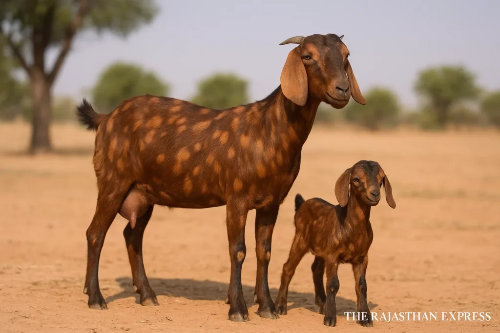 A healthy, alert, brown-spotted Sirohi kid (baby goat) standing close to its larger mother (doe). The image represents the breed's excellent growth and high kid survival rate essential for sustainable Sirohi goat farming.