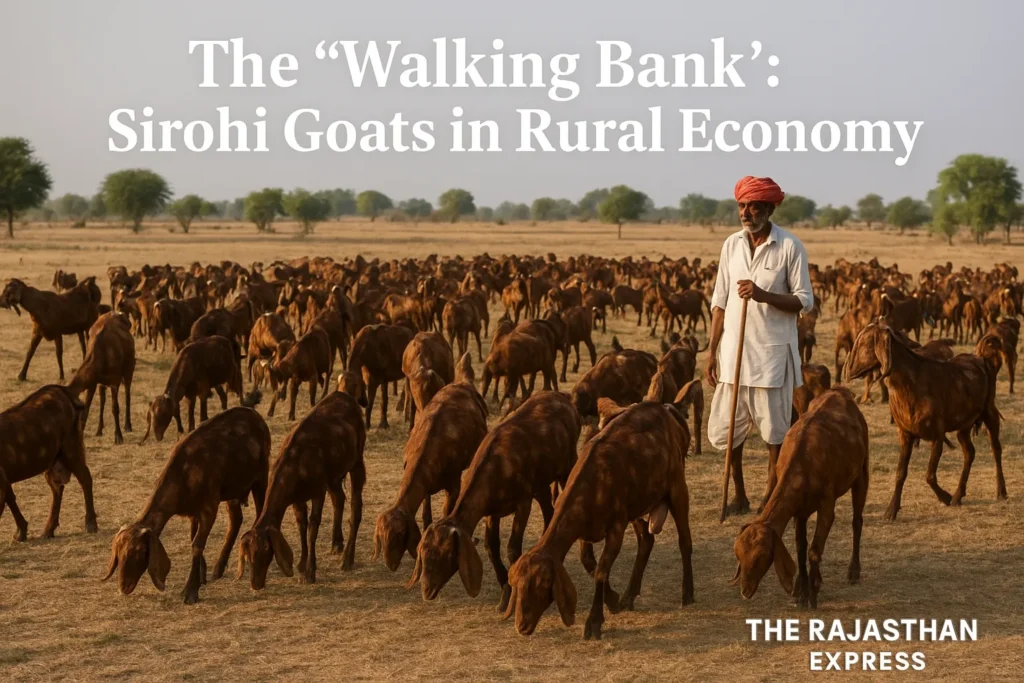 A large herd of 50+ Sirohi goats grazing in a wide open pasture in Rajasthan. A local farmer/shepherd wearing traditional clothing is tending to the flock, representing the economic significance of the breed.