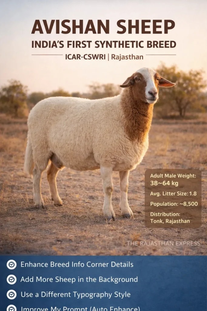 Avishan sheep – India’s first synthetic sheep breed developed by ICAR-CSWRI Rajasthan. Adult male weight 38–64 kg, average litter size 1.8, population ~8,500, distributed in Tonk district, Rajasthan. NBAGR registered breeds NBAGR registered breeds pdf NBAGR registered breeds total NBAGR registered new breeds Nbagr registered breeds 2026 NBAGR cattle breeds NBAGR buffalo breeds NBAGR goat breeds Nbagr species Indian indigenous cattle breeds NBAGR breed registration NBAGR synthetic breeds Indian livestock breeds list ICAR NBAGR Karnal Breed Registration Committee BRC