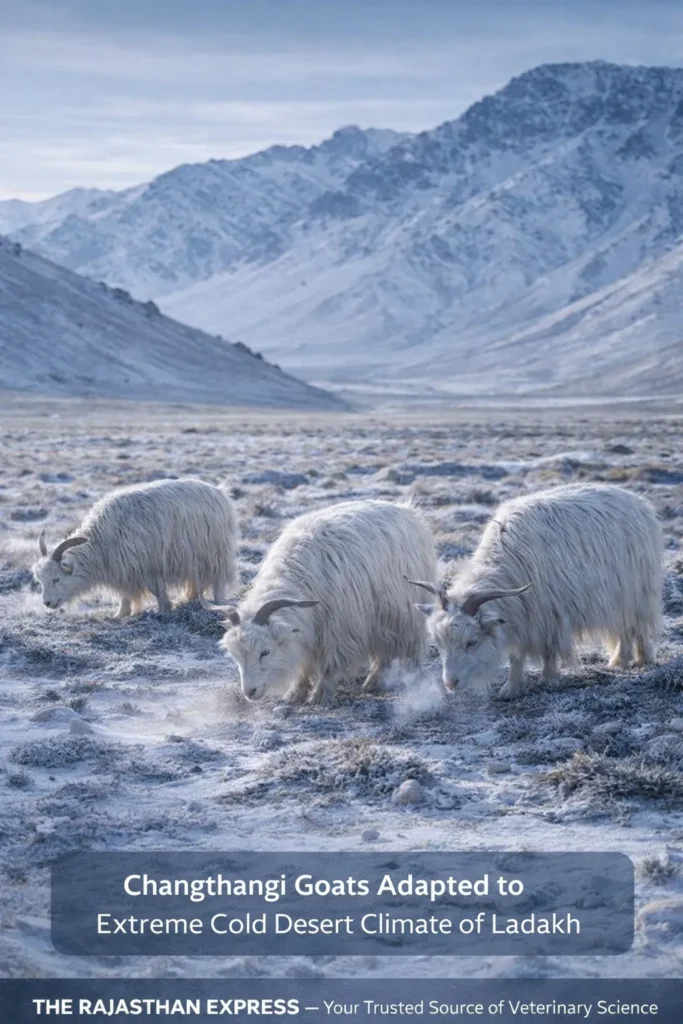 Changthangi goats grazing in the snow, showing their thick coats adapted to Ladakh’s extreme cold desert climate.