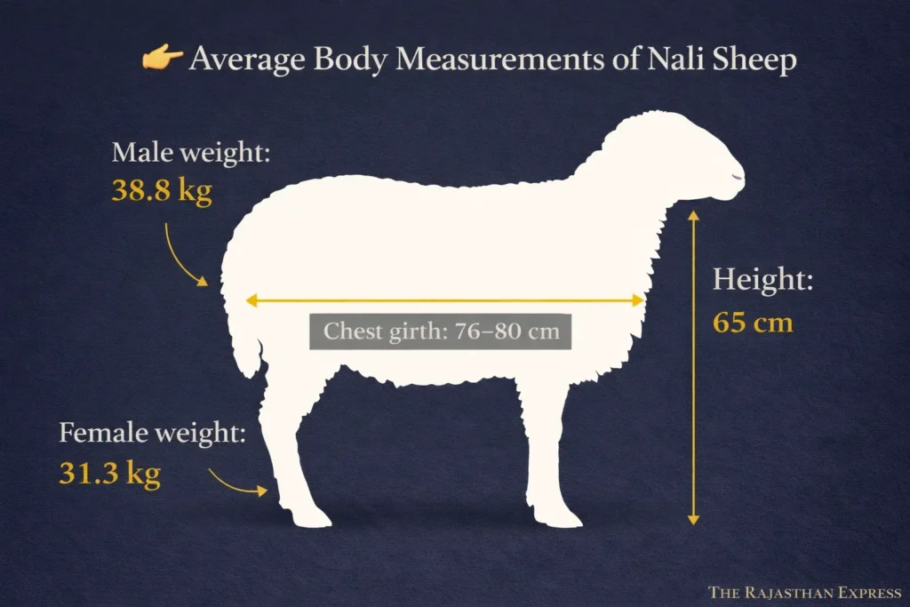 Average body measurements of Magra sheep showing ram height 66 cm and weight 36.8 kg, ewe height 62 cm and weight 30.4 kg with heart girth and body length data under extensive grazing.