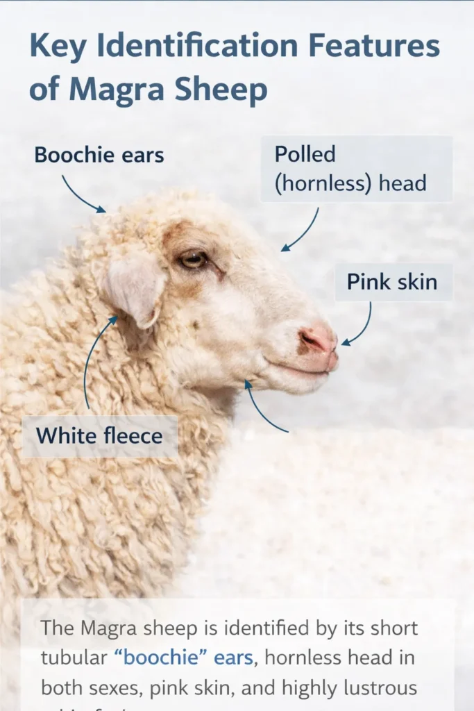 Close-up of Magra sheep showing key identification features including distinctive short tubular "boochie" ears, hornless head, pink skin, and lustrous white fleece.