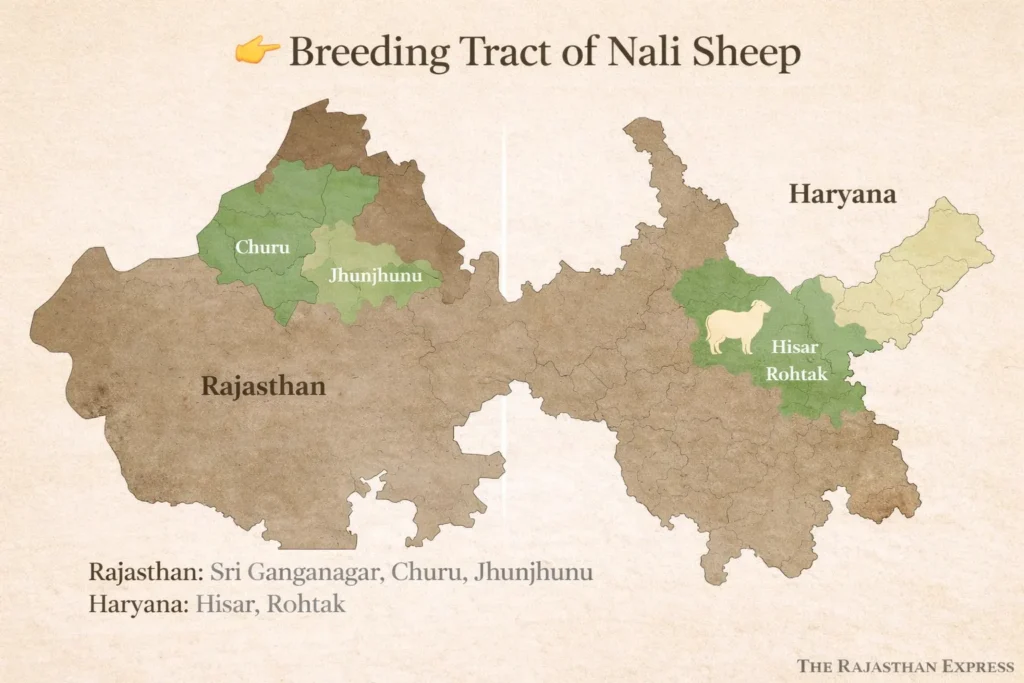 Map showing breeding tract of Nali sheep across Sri Ganganagar, Churu, Jhunjhunu districts of Rajasthan and Hisar, Rohtak districts of Haryana.