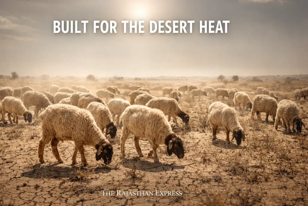 Chokla sheep built for desert heat showing adaptations to Rajasthan's semi-arid climate with distinctive Raata Munda (Red Face) feature.
