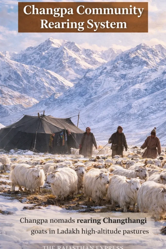 A large flock of white long-haired goats in a snowy Himalayan landscape with nomadic tents and mountains.