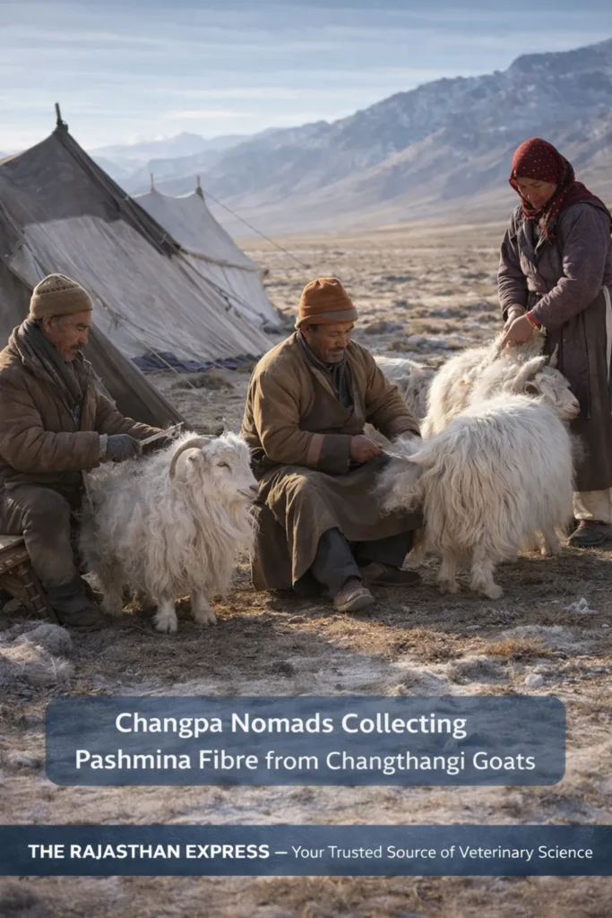 Changpa nomads sitting outside a tent combing white Pashmina goats to collect wool in a mountain valley.