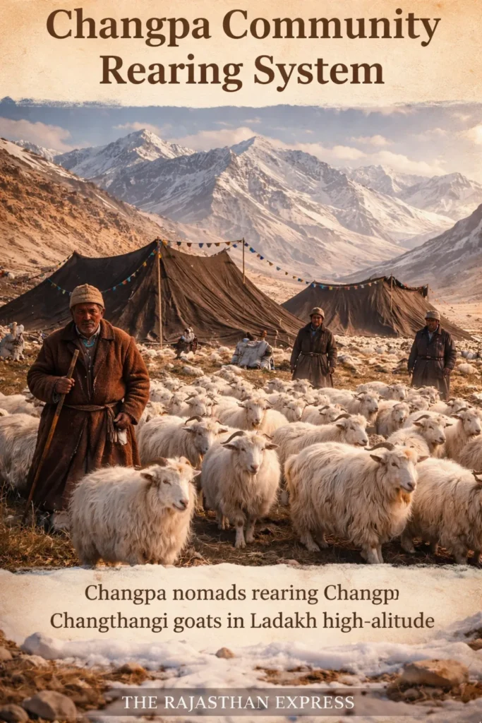 Changpa nomads in traditional dress tending to a large flock of white goats in a snowy valley with tents.
