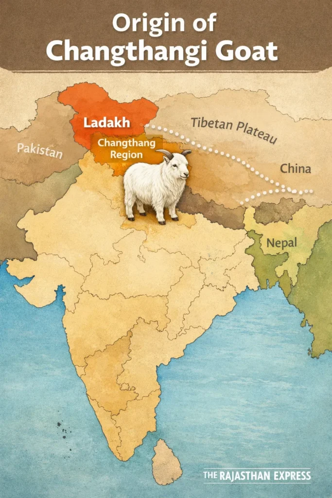 Map of Northern India and Tibet highlighting the Changthang region as the origin of the Pashmina goat.