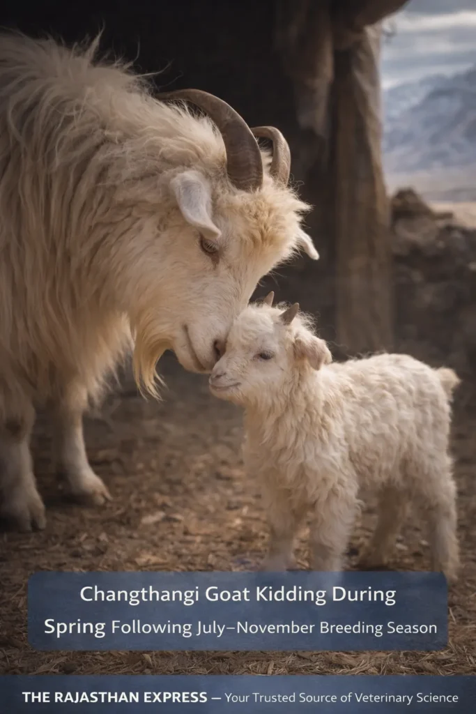 A mother Pashmina goat nuzzling her small, fluffy white kid in a sheltered farm area.