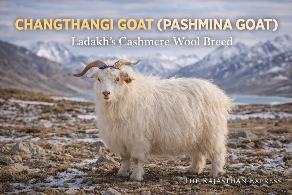 A Changthangi Pashmina goat standing in Ladakh, known for producing premium cashmere wool.