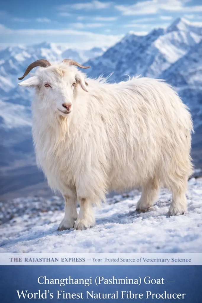 A pure Changthangi Pashmina goat standing proudly, known as the world’s finest natural fibre producer.