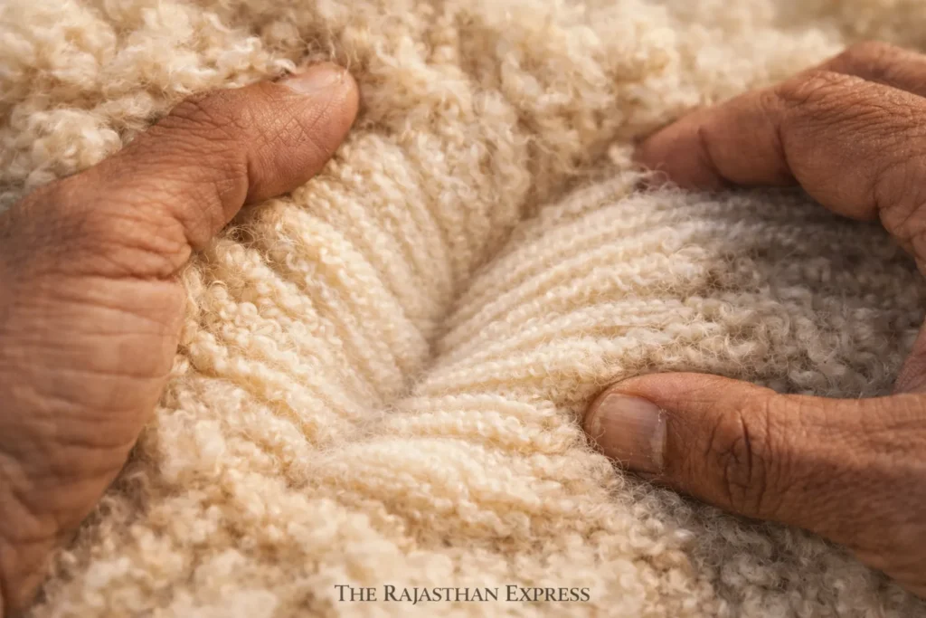 Fine carpet wool produced by Chokla sheep breed of Rajasthan, showing high-quality fleece suitable for premium carpet manufacturing.