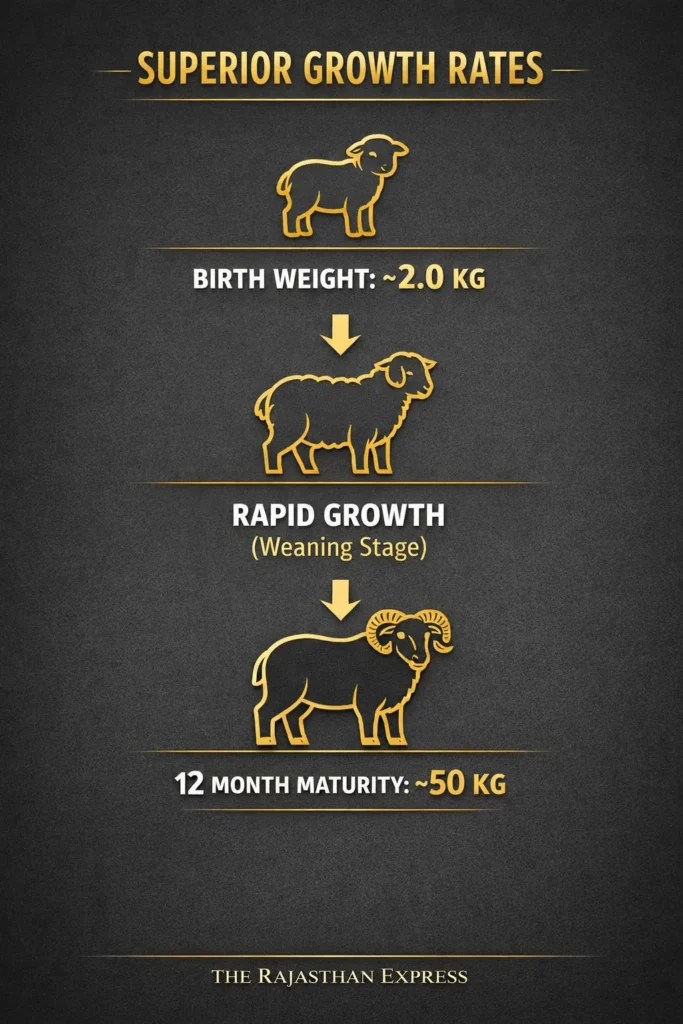 Chokla sheep growth rate chart showing birth weight of 2.0 kg and rapid growth to 50 kg at 12 months maturity with superior growth rates.