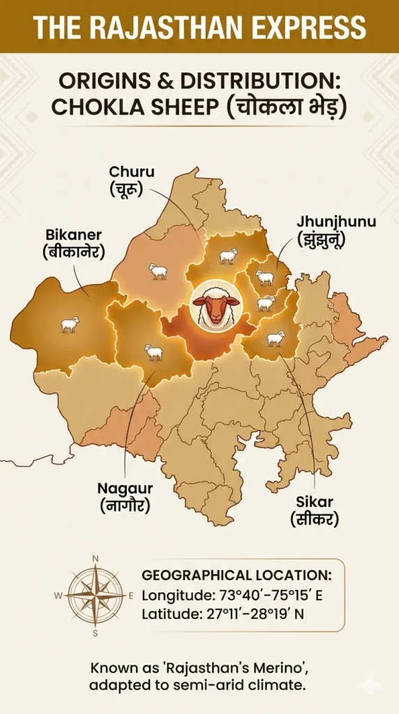 Map showing Chokla sheep origin and distribution across Churu, Bikaner, Nagaur, Jhunjhunu, and Sikar districts of Rajasthan with geographic coordinates.