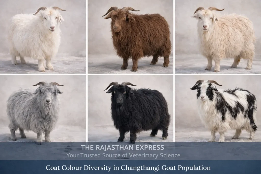 Collage showing coat colour diversity in Changthangi goat population, including white, brown, and black varieties in Ladakh.