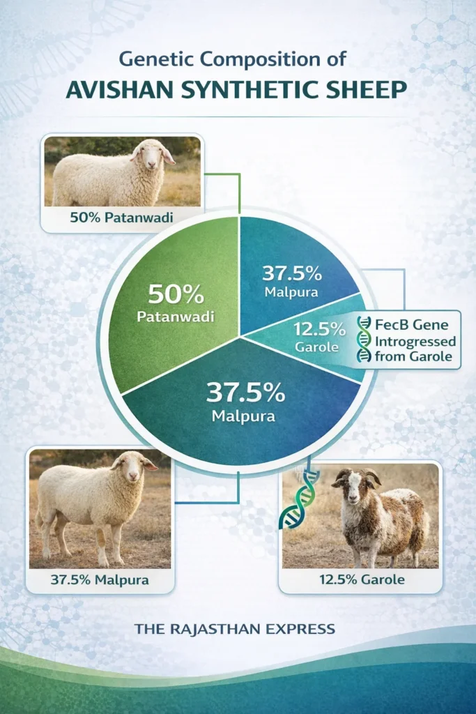 Genetic composition of Avishan synthetic sheep showing 50% Patanwadi, 37.5% Malpura, 12.5% Garole with FecB gene introgressed from Garole breed. NBAGR registered breeds NBAGR registered breeds pdf NBAGR registered breeds total NBAGR registered new breeds Nbagr registered breeds 2026 NBAGR cattle breeds NBAGR buffalo breeds NBAGR goat breeds Nbagr species Indian indigenous cattle breeds NBAGR breed registration NBAGR synthetic breeds Indian livestock breeds list ICAR NBAGR Karnal Breed Registration Committee BRC