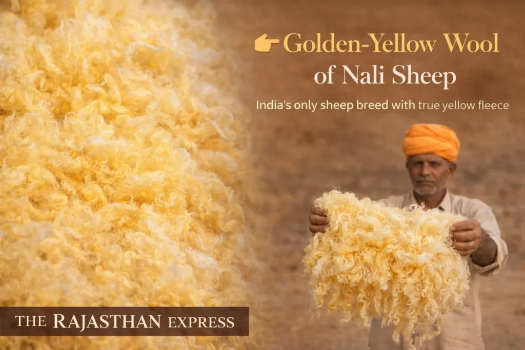 Golden-yellow wool of Nali sheep showing India's only true yellow fleece breed with distinctive coloration and premium carpet wool quality.
