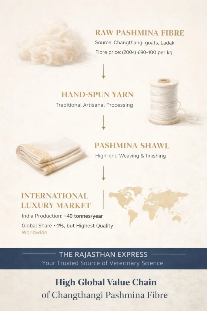 Infographic showing the global value chain of Changthangi Pashmina fibre, from raw fibre in Ladakh to the international luxury market.