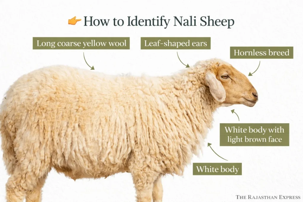 How to identify Nali sheep showing key features: long coarse yellow wool, leaf-shaped ears, hornless head, white body with light brown face coloration.