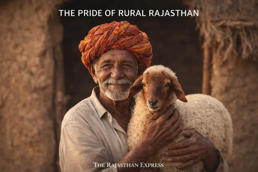 Human connection with Chokla sheep showing shepherd's pride in rural Rajasthan with Raata Munda breed as cultural heritage.