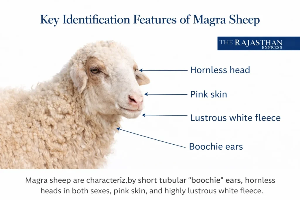 Key identification features of Magra sheep showing distinctive short tubular "boochie" ears, hornless polled head, pink skin, and lustrous white fleece.