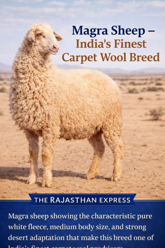 Magra sheep showing characteristic pure white fleece, medium body size, and strong desert adaptation making it India's finest carpet wool breed from Rajasthan.