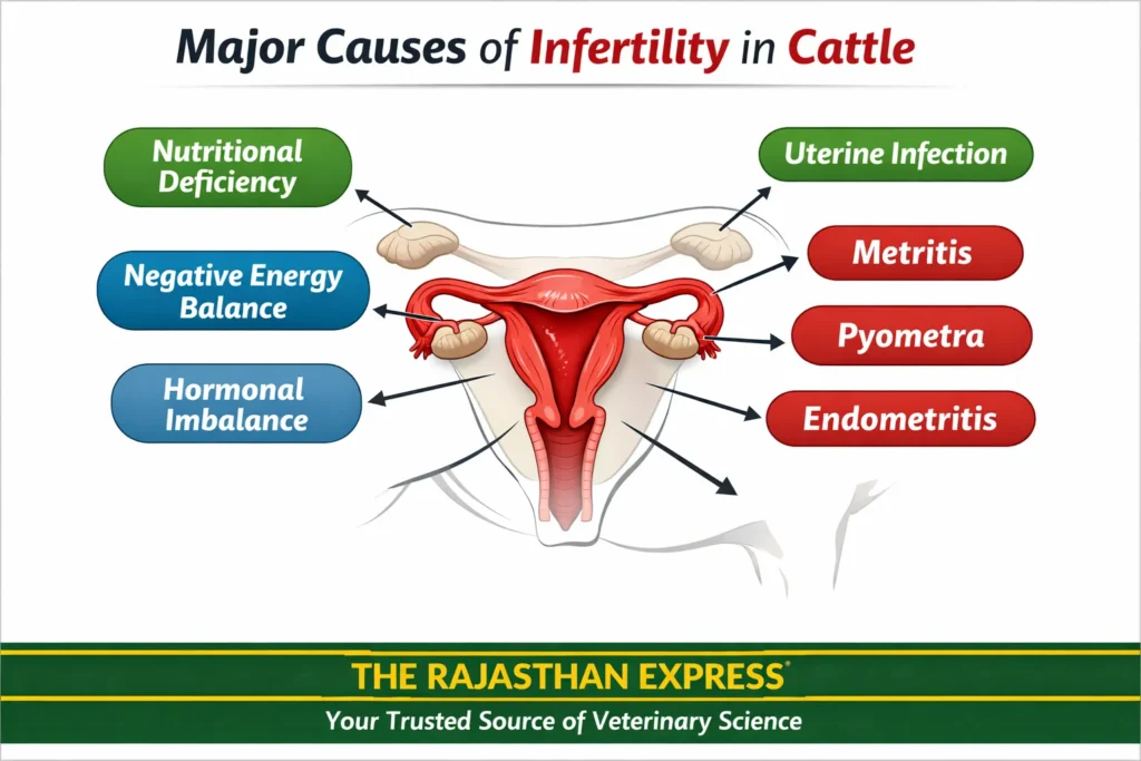 "Treatment of infertility in cattle diagram showing reproductive system" "Repeat breeding in cattle uterus infection illustration" "Hormonal treatment for repeat breeding in cows HPO axis chart" "Symptoms of infertility in cattle silent heat signs" "Nutritional causes of infertility in cows mineral deficiency chart" "Repeat breeding in cattle in India dairy farm case study" "Infectious causes of infertility in cattle endometritis image" "Infertility in cattle PDF veterinary reference guide" "Repeat breeding in cattle PPT ovulation cycle slide" "Disadvantages of repeat breeding in cattle economic loss graph"
