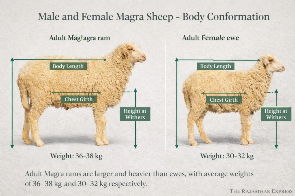 Male and female Magra sheep body conformation showing adult ram (36-38 kg) with larger body length, chest girth and height compared to adult ewe (30-32 kg).