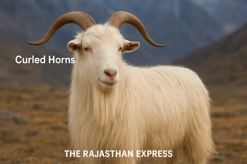 Close-up of the distinctive curled horns of a Pashmina goat, a key morphological feature of the Changthangi breed.