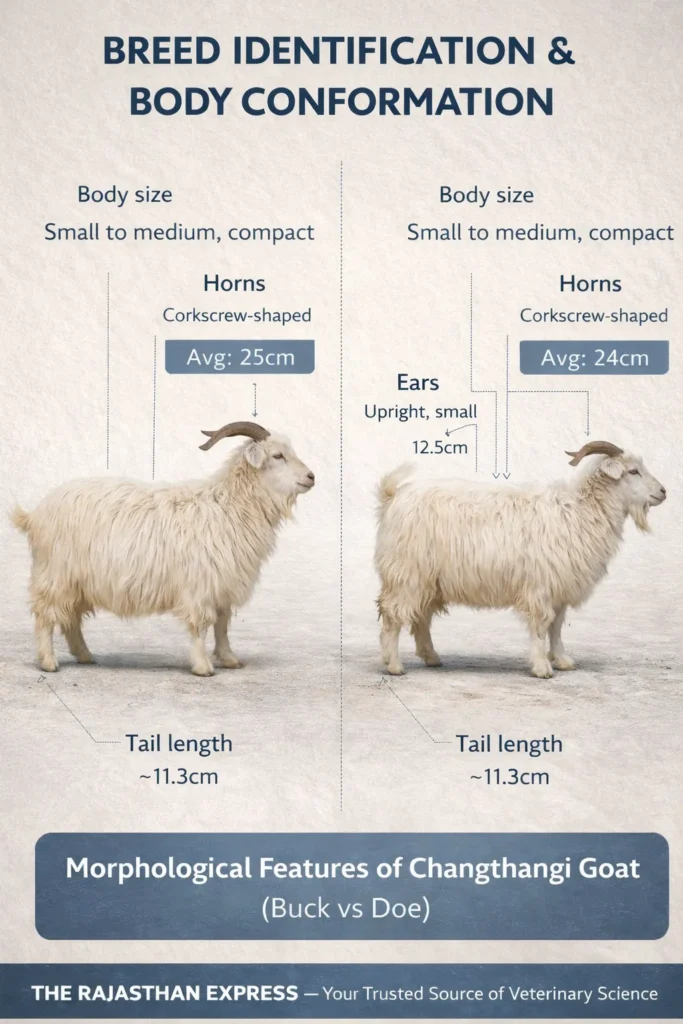 Side-by-side comparison of morphological features of Changthangi goat buck and doe, showing body conformation and horn differences.
