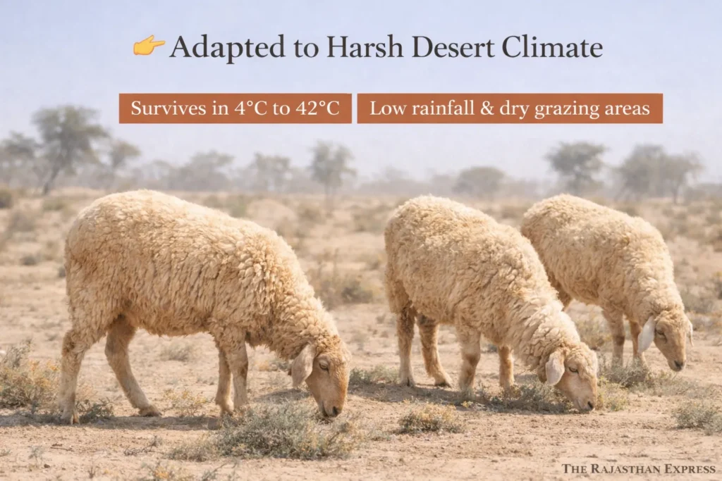 Nali sheep adapted to harsh desert climate of Rajasthan surviving temperatures from 4°C to 42°C with low rainfall and dry grazing conditions.